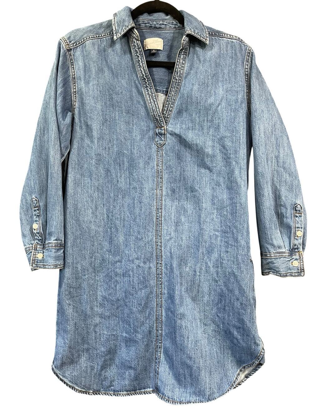 Universal Thread Womens XS Medium Wash Denim V-Neck Shirt Dress Pockets 34"
